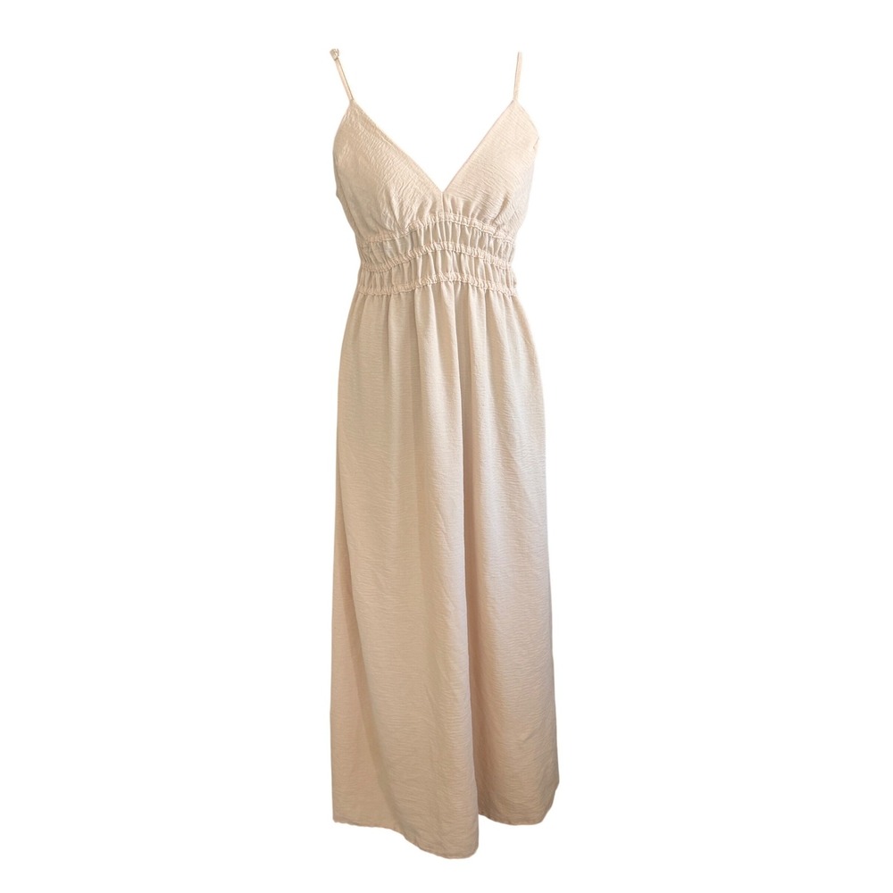 Absolutely It!! Beige Babydoll Smocked Waist Maxi Dress M Boho Resort Beach